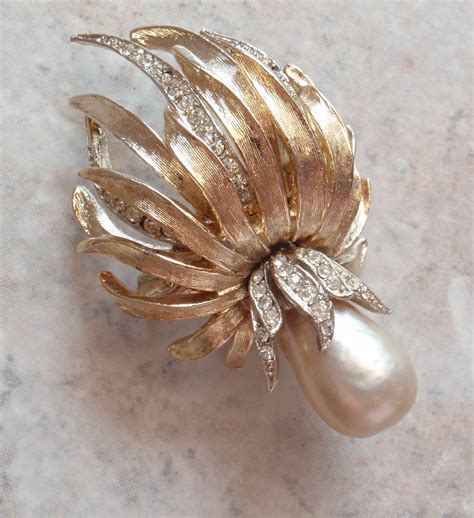 Baroque Pearl Pin Brooch Signed ART Crystal Rhinestone Gold Tone Statement Floral Vintage ...