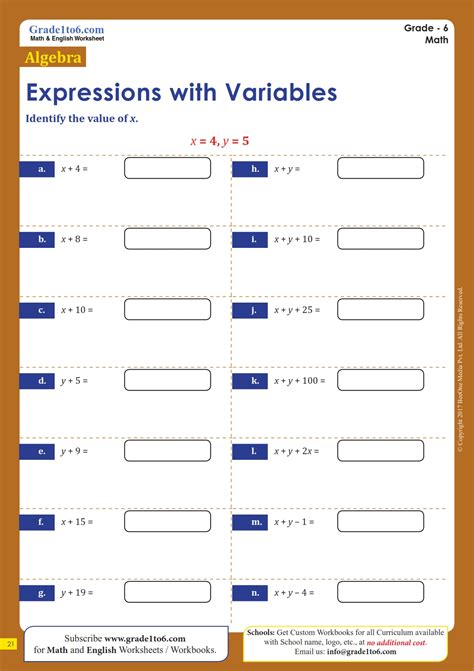 Algebraic Expressions Worksheets | Grade1to6.com