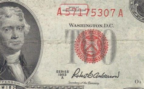 1953a Red Seal $2. 00 Thomas Jefferson Note, Two Dollar Bill A57175307a