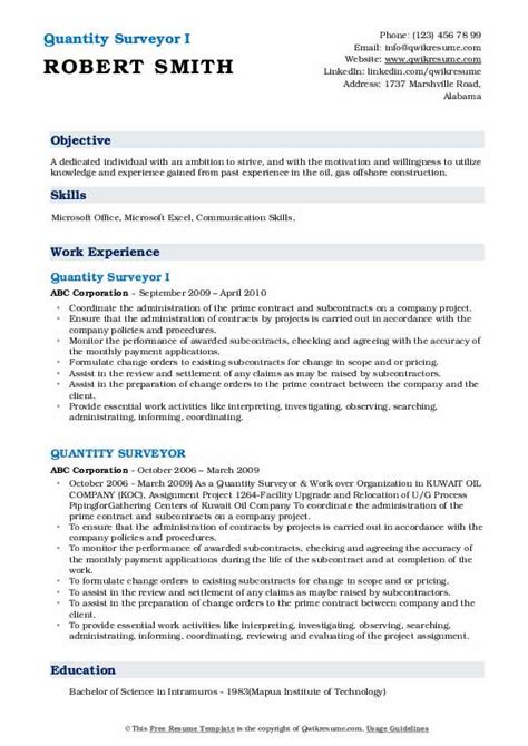 Quantity Surveyor Resume Samples | QwikResume