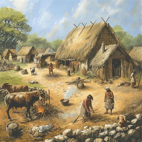 Premium Photo | Bustling Neolithic Village Scene Illustration