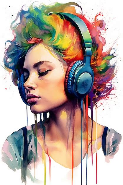 Premium AI Image | Beautiful girl with headphones listening to music Digital color painting