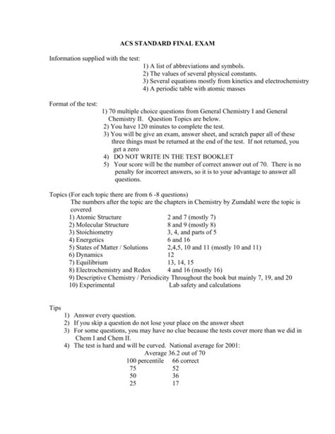 ACS STANDARD FINAL EXAM - Montclair State University