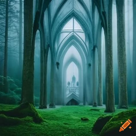 Mystical cathedral in a foggy forest