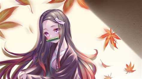 Demon Slayer Nezuko Kamado With Background Of Falling Dry Leaves 4K HD Anime Wallpapers | HD ...