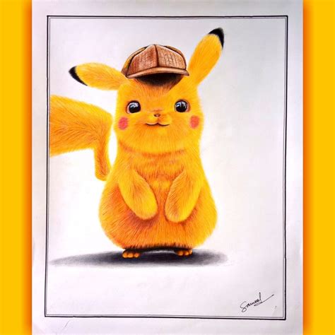 Hyper-realistic drawing of Detective Pikachu