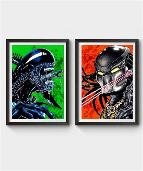 ALIEN Vs PREDATOR X2 Movie Poster Limited Hand Drawn Prints A4 8.5 X 11 Classic 80's Horror Film ...