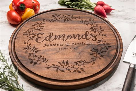 Engraved Round Wood Cutting Board Personalized Wedding Gift for Couple