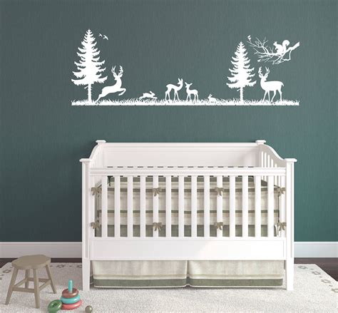 Woodland Nursery Vinyl Wall Decal Deer Trees Forest Nursery