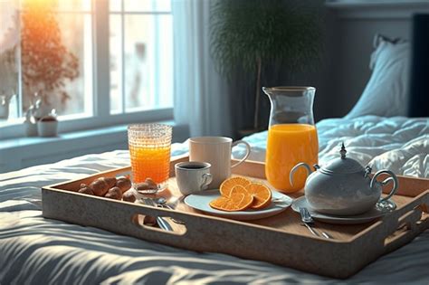 Premium Photo | Breakfast tray on the bed