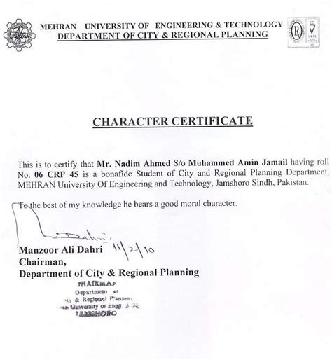 Sample Character Certificate Format