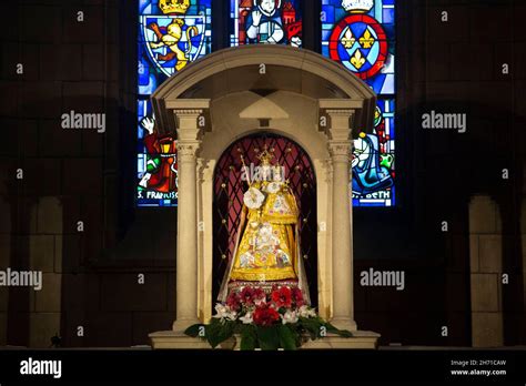 Golden statue and Stained Glass Windows in the Cathedral of Notre Dame. Luxembourg City ...