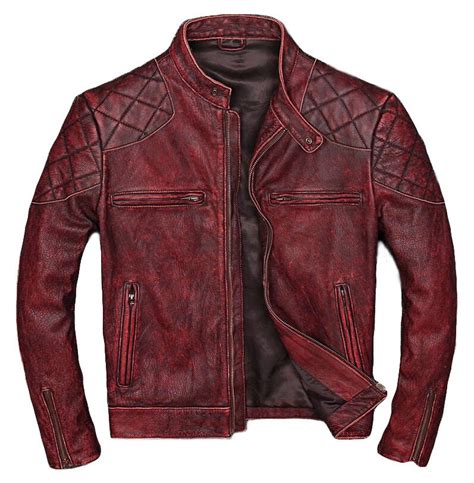 Men's Slim Fit Distressed Red Motorcycle Leather Jacket Men Dimond ...