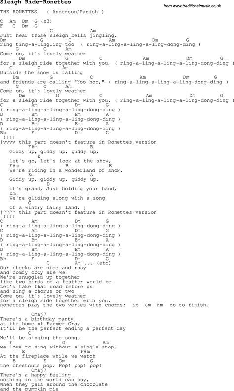 Christmas Carol/Song lyrics with chords for Sleigh Ride-Ronettes