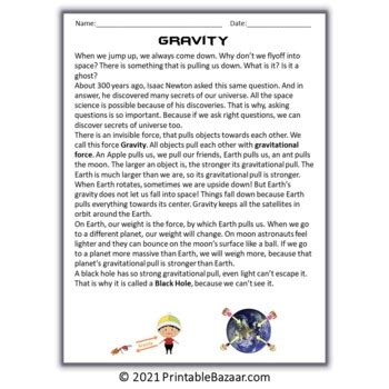 Gravity Reading Comprehension Passage and Questions - PDF by Science Bazaar