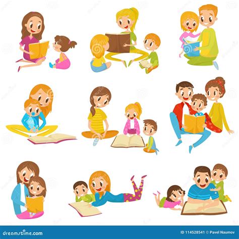 Parents Reading Books To they Kids Together Set Cartoon Vector ...