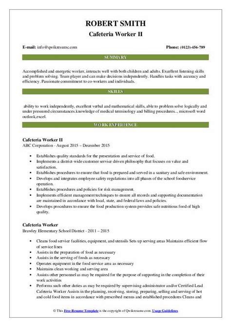 Cafeteria Worker Resume Samples | QwikResume