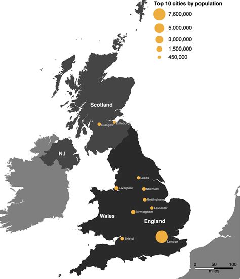 Map of the UK with top 10 cities by population. The recruitment area ...