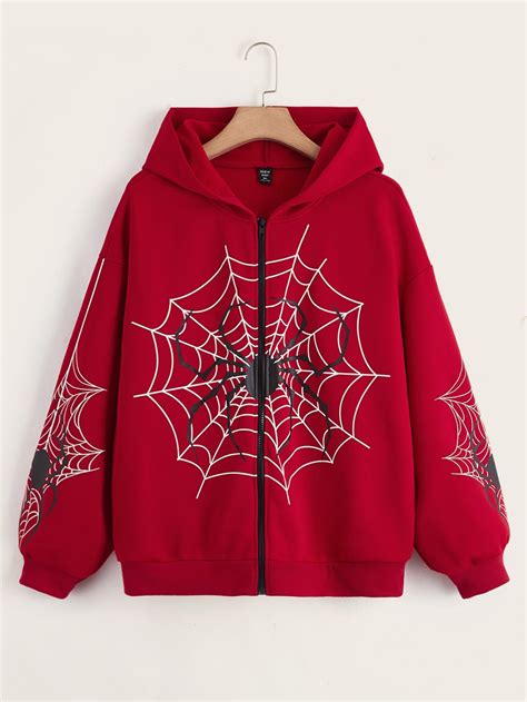 Capucha con estampado de telaraña con cremallera de hombros caídos ...