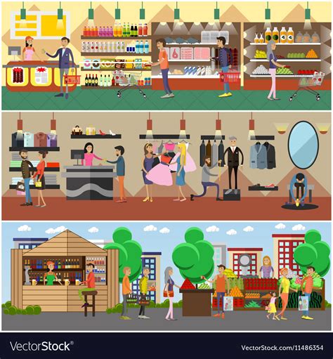 People shopping in a store and local market Vector Image