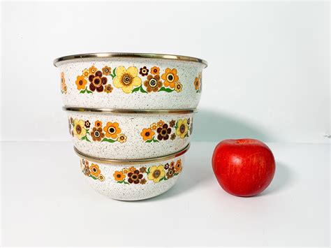 Vintage Set 3 Enamel Bowls Retro Kitchen Tan Brown Yellow Orange Green Flowers Ca 1970s -Three ...