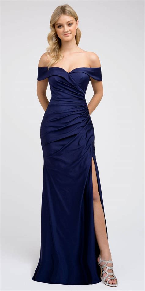 Juliet 245 Off-Shoulder Fit and Flare Long Prom Dress Navy Blue with ...