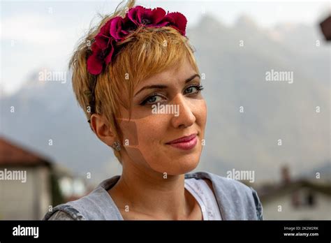 young woman with surgical mask tan lines on her face Stock Photo - Alamy