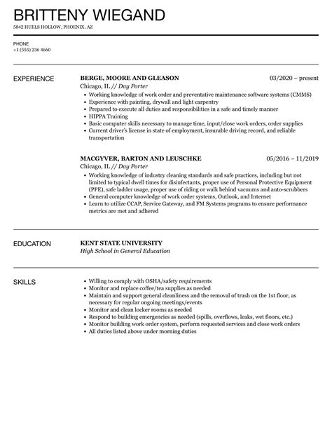 Day Porter Resume Samples | Velvet Jobs