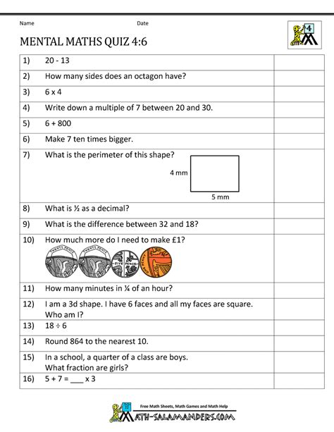 Mental Maths Test Year 4 Worksheets