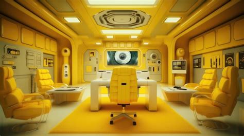 Premium AI Image | A yellow room with a white desk and a tv on the wall