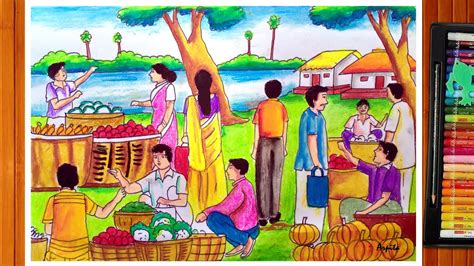 How To Draw Village Market | Village Market Drawing With Oil Pastel | Market Scenery Drawing ...