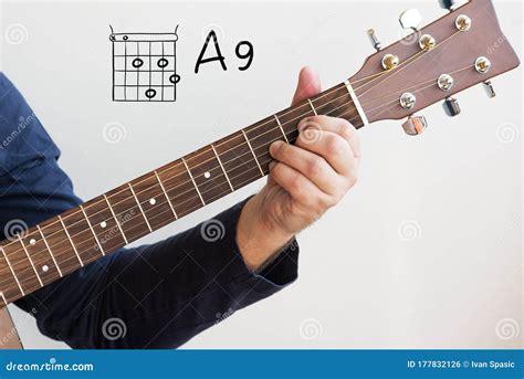 Man Playing Guitar Chords Displayed on Whiteboard, Chord A9 Stock Photo - Image of performer ...