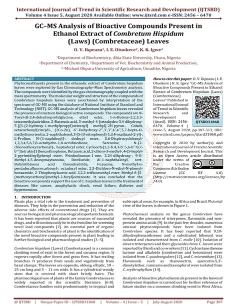 GC MS Analysis of Bioactive Compounds Present in Ethanol Extract of Combretum hispidum (Laws ...