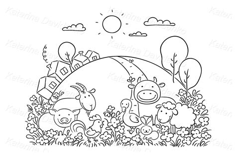 Hand drawn cartoon farm animals, vector clipart illustration