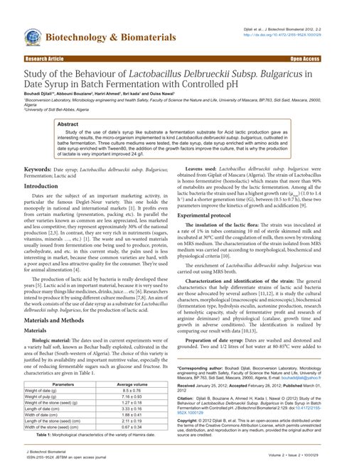 (PDF) Study of the Behaviour of Lactobacillus Delbrueckii Subsp ...