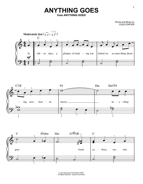 Anything Goes by Cole Porter Sheet Music for Very Easy Piano at Sheet Music Direct