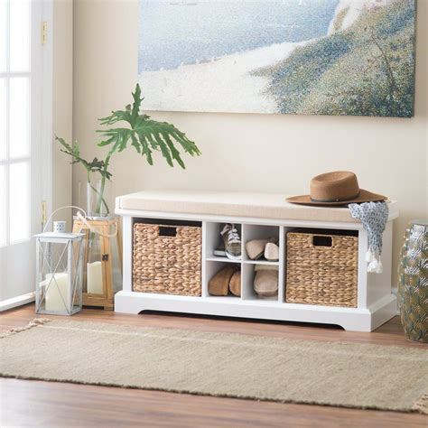 Classic White Shoe Storage Cubby Bench Entryway Seat With Baskets & Cushion - Benches & Stools