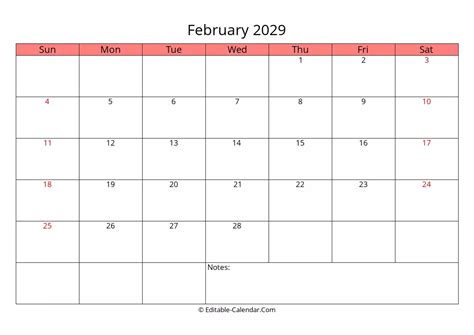 Download Editable Calendar February 2029, weeks start on Sunday