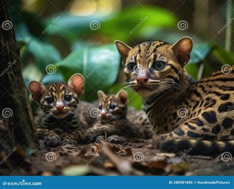 Adult Margay with Babies (generative AI Stock Illustration ...