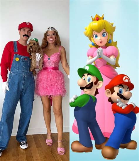 two people dressed up as mario and princess peach, one with a dog in her lap