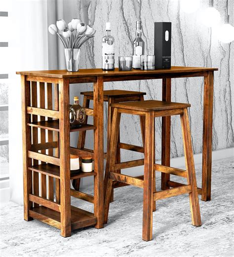 Buy Abbey Solid Wood Bar Table Set in Rustic Teak Finish - Woodsworth ...