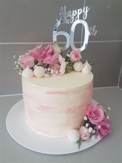 Elegant 60th Birthday Cake with Pink Flowers