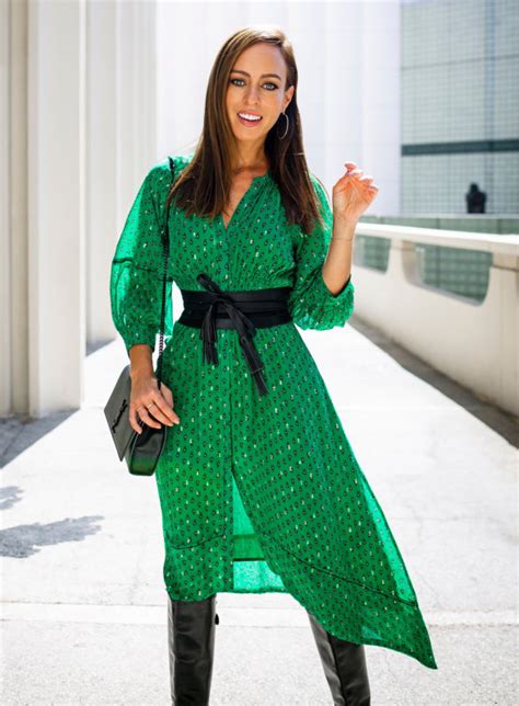 Sydne Style wears bash paris green dress for fall outfit ideas | Sydne ...