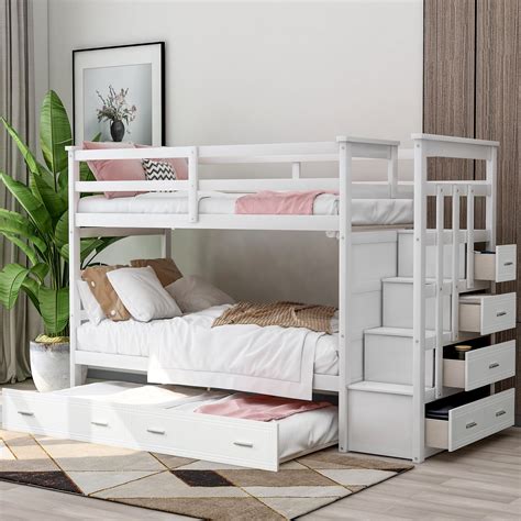 EUROCO Twin over Twin Bunk Bed with Trundle Storage Drawers, White ...