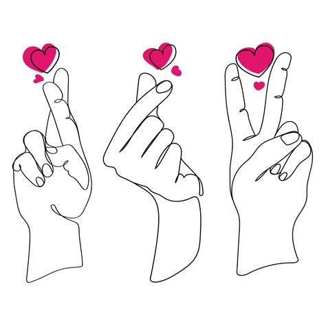 Hand gestures in different poses with hearts set, Finger love symbol.Liner design template for ...