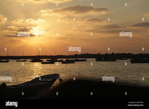 Gaza, Palestine Sunset scene with fishermen's boats from Gaza sea port ...