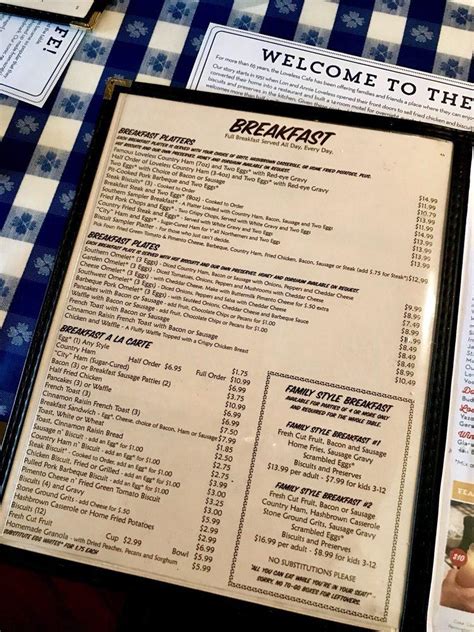 Menu at The Loveless Cafe, Nashville