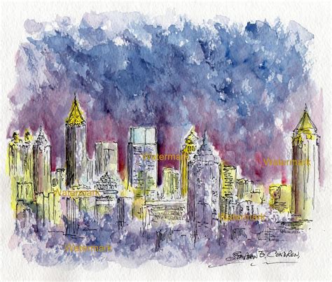 Atlanta skyline watercolor painting of downtown at night for sale