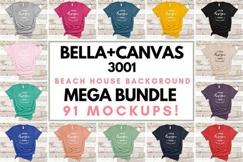 Bella Canvas 3001 Mockup T-Shirt Bundle All Colors On Wood