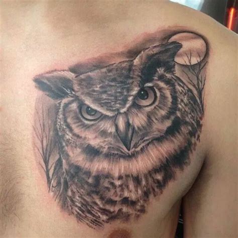 My first tattoo, Great Horned owl with trees and a moon. Black and Grey tattoo, photo realistic ...